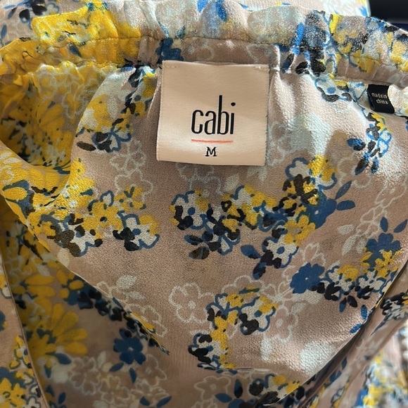 CaBi  Offsides floral Blouse Yellow Blue, Button Up, Sleeveless, Sheer - Picture 8 of 10
